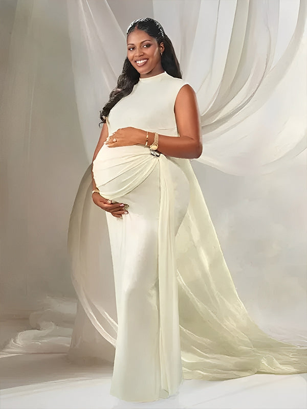 Momyknows White Ruched Spliced Side Slit Maternity Photoshoot Maxi Dress