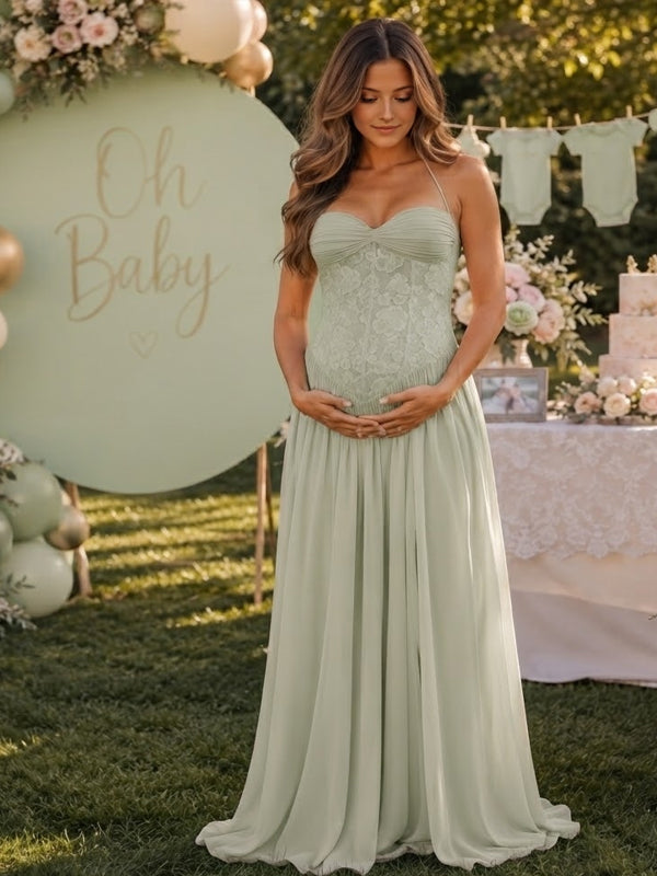 Green Lace Maternity Maxi Dress with Elegant Halter Neck and Big Swing Silhouette, Baby Shower Occasion