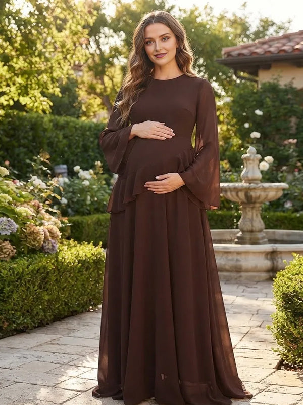 Coffle Maternity Maxi Dress with Ruffle Detail and Lace Up Front and Flare Sleeves