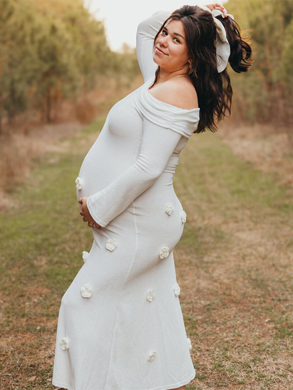 Momyknows White Off Shoulder 3D Flowers Backless Bodycon Mermaid Cocktail Party Gowns Bandage Photoshoot Maternity Maxi Dress