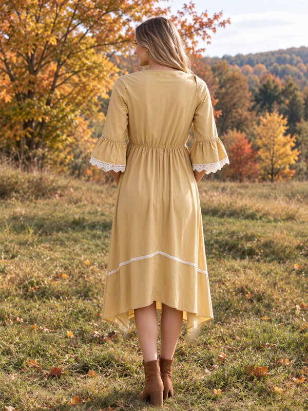 Apricot Maternity Midi Dress with Lace Paneling and Asymmetrical Hem