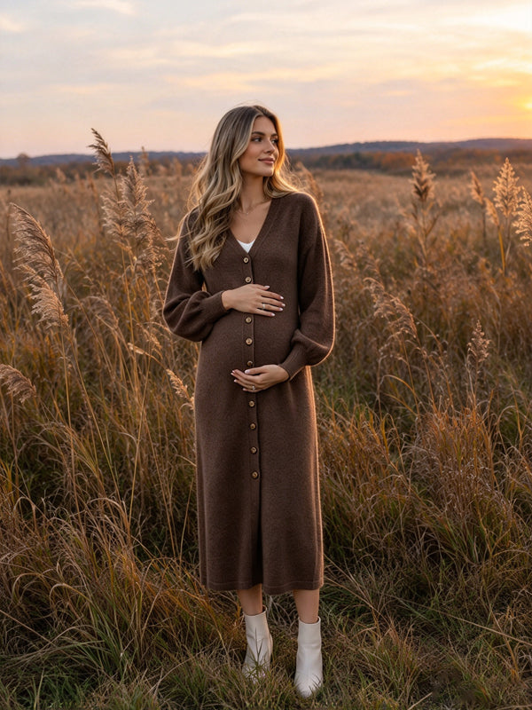 Brown Sweater Maternity Midi Dress with Deep V Neck and Decorative Crochet Buttons, Photoshoot Occasion