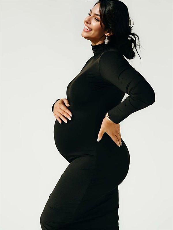Momyknows Solid Color High Neck Bodycon Mermaid Photoshoot Maternity Maxi Dress, Black / L