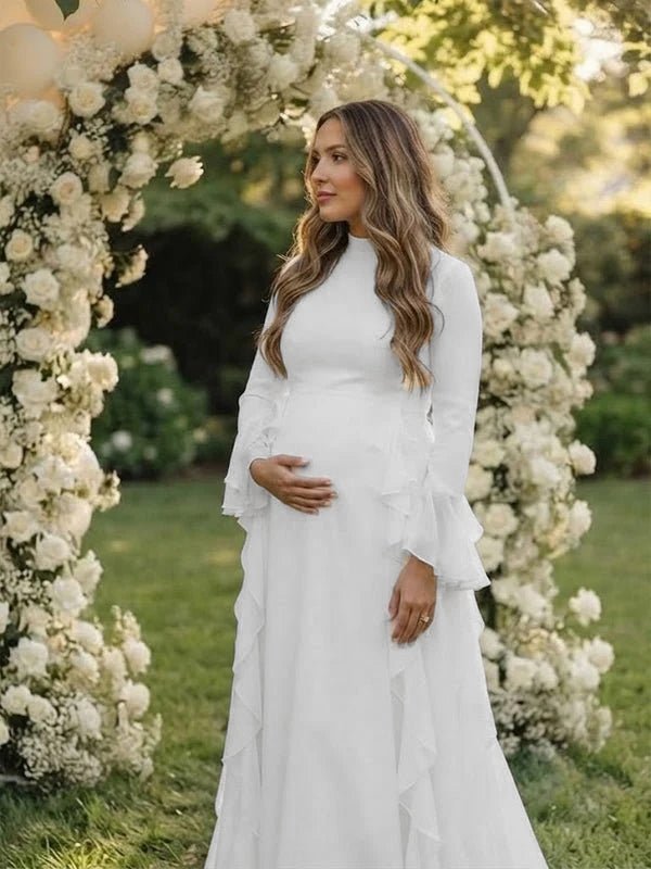 Momyknows White Ruffle Flare Sleeve Big Swing Sheer Maternity Baby Shower Maxi Dress - White - 2