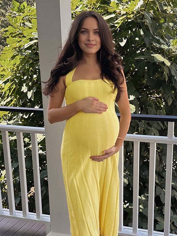 Momyknows Chic Yellow Halter Neck Pleated A-Line Baby Shower Maternity Maxi Dress