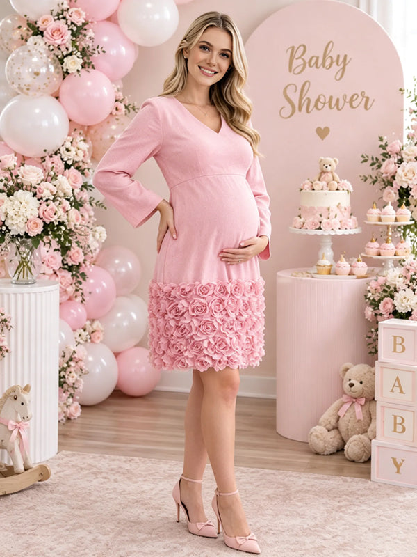 Pink Maternity Mini Dress with 3D Flower Details and V-Neck
