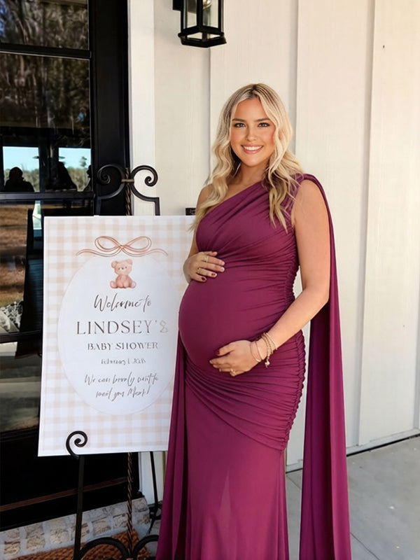 Momyknows Red Oblique Shoulder Ruched Ribbon Backless Sheer Maternity Baby Shower Maxi Dress