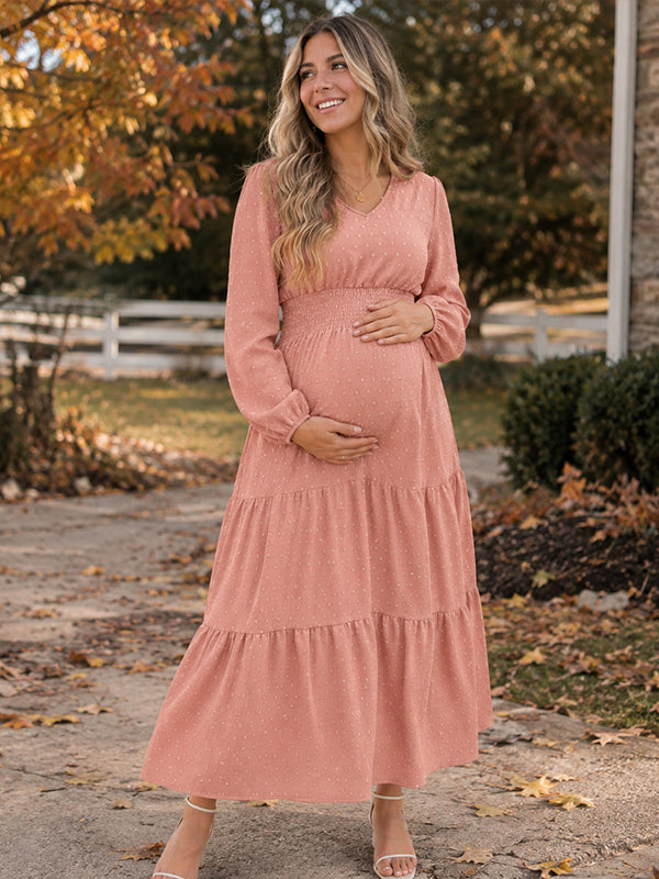 Pink Ruffle Smocked Maternity Midi Dress with Flared A-Line Silhouette