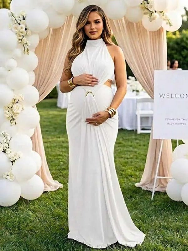 Momyknows White Lace-up Ruffle Slit Midriff Maternity Baby Shower Maxi Dress - White - 2