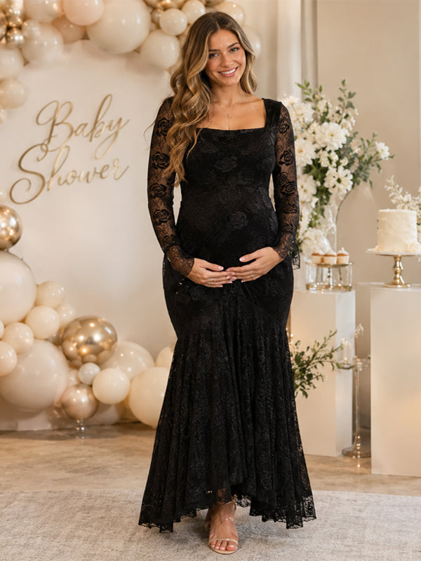 Momyknows Black Lace Print Irregular Flare Sleeve Big Swing Maternity Baby Shower Maxi Dress