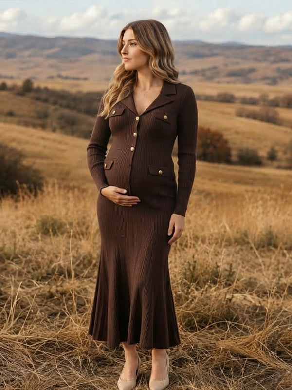 Coffle Maternity Maxi Dress with Turndown Collar and Metal Clasp and Flattering Silhouette