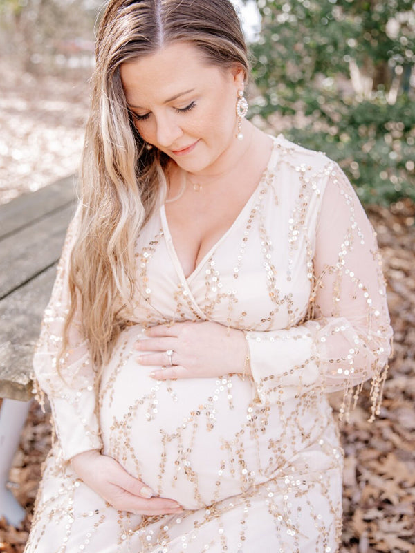 Momyknows Apricot Sequin Tassel Tulle Ruched Cross Chest Multi Way Tie Back V-neck Elegant Boho Photoshoot Maternity Maxi Dress Apricot / L Momyknows Apricot Sequin Tassel Tulle Ruched Cross Chest Multi Way Tie Back V-neck Elegant Boho Photoshoot Maternity Maxi Dress Apricot / L