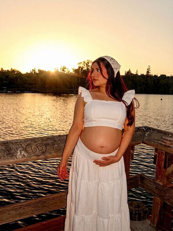 Momyknows Chic White 2-in-1 Falbala A-Line Shirring Vacation Maternity Maxi Dress - White - 1