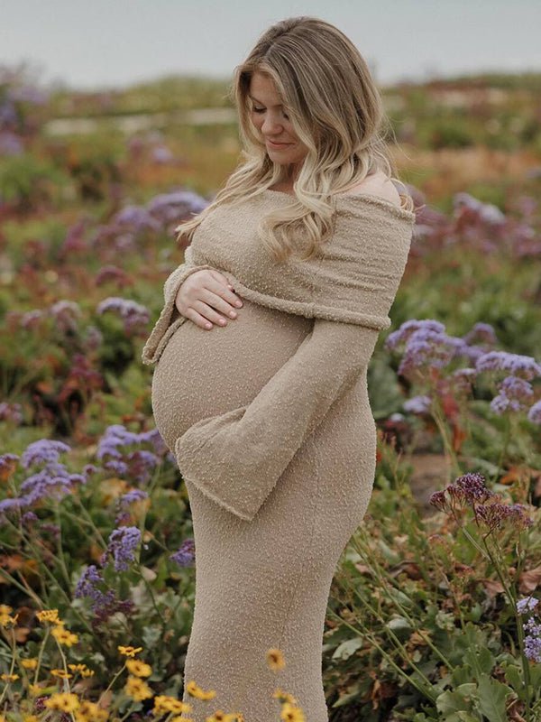 Momyknows Solid Color Off Shoulder Hollow Out Knitwear Bodycon Beach Vacation Dress Baby Shower Maternity Maxi Dress, Beige / L