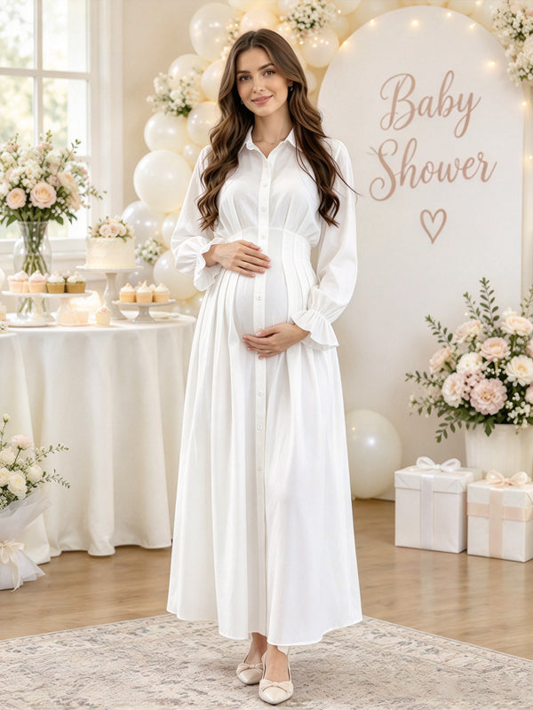 White Maternity Maxi Dress with Ruched Details and Button Design and Flowing Fit, Baby Shower Occasion