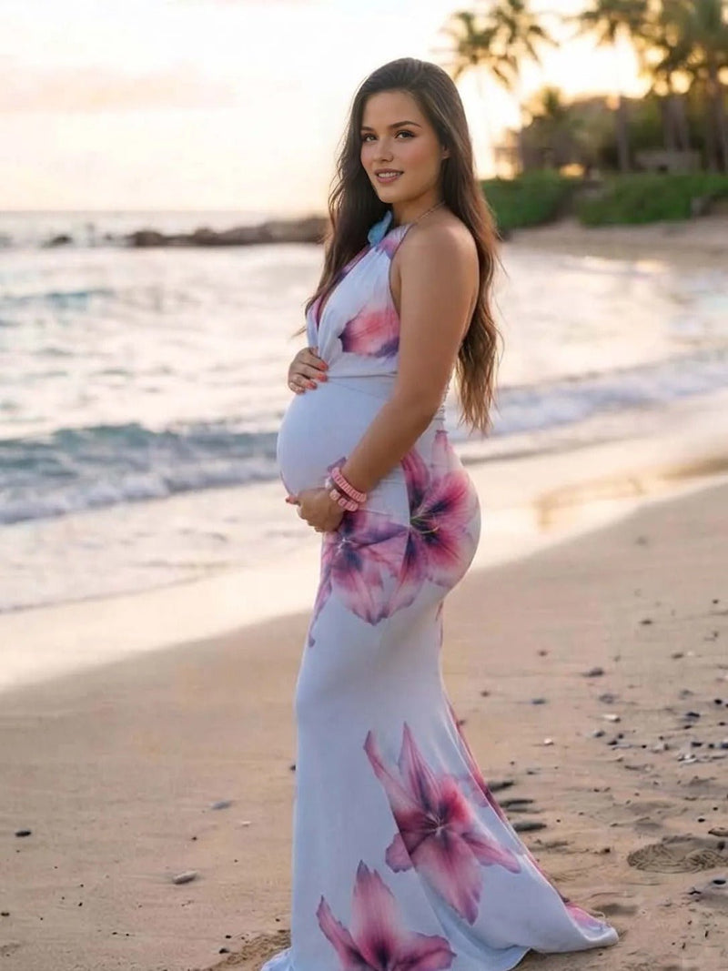 Momyknows Light Blue Halter Neck Floral Print Lace-up Backless Ruffle Two Piece Maternity Photoshoot Maxi Dress - Light Blue - 2