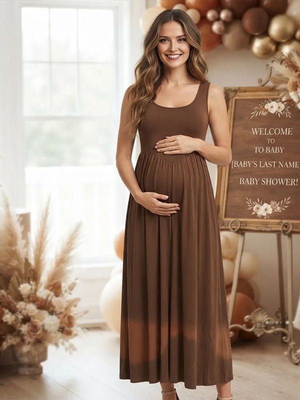 Momyknows Spaghetti Strap Ruched Backless Maternity Baby Shower Midi Dress - Coffee - 8
