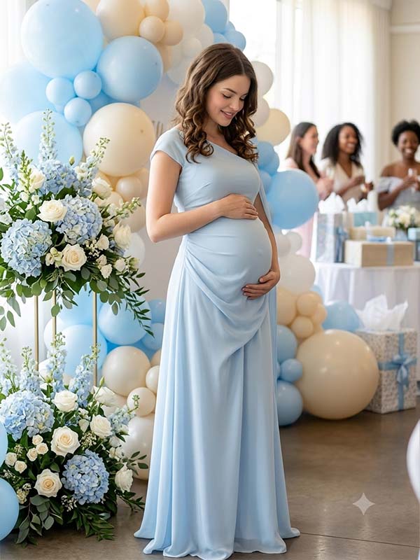 Momyknows Pink One-shoulder Ruffle Mermaid Splicing Maternity Baby Shower Maxi Dress - Light Blue - 3