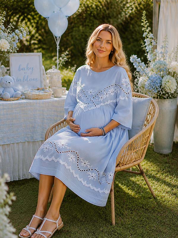 Momyknows Light Blue Knitwear Ruffle Floral Embroidery Maternity Baby Shower Midi Dress - Light Blue - 3