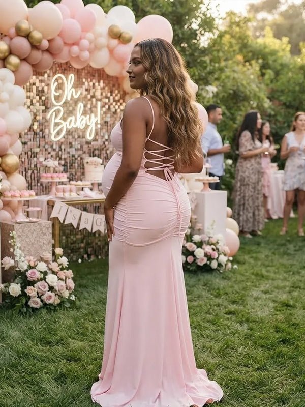 Momyknows Pink Spaghetti Strap Ruched Lace Up Backless Maternity Baby Shower Maxi Dress - Pink - 2