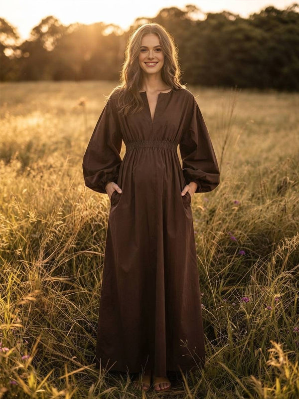 Brown Solid-Color Maternity Maxi Dress with V-Neck and Pockets and Relaxed Fit, Photoshoot