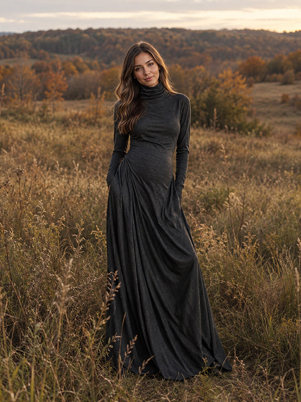 Grey High Neck Ruched Maternity Maxi Dress with Pocket Detail and Flattering Silhouette