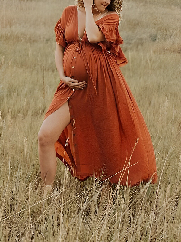 red maternity dress for photoshoot Momyknows Single Breasted Drawstring Ruffle Tie Back Red Maternity Photoshoot Maxi Dress