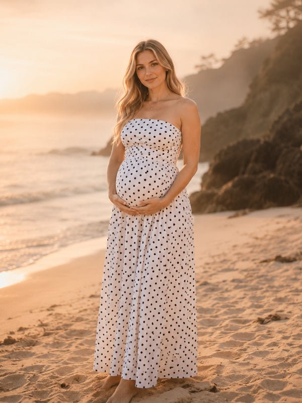 Momyknows Polka Dots Ruched Big Swing Backless Maternity Photoshoot Midi Dress - White - 2