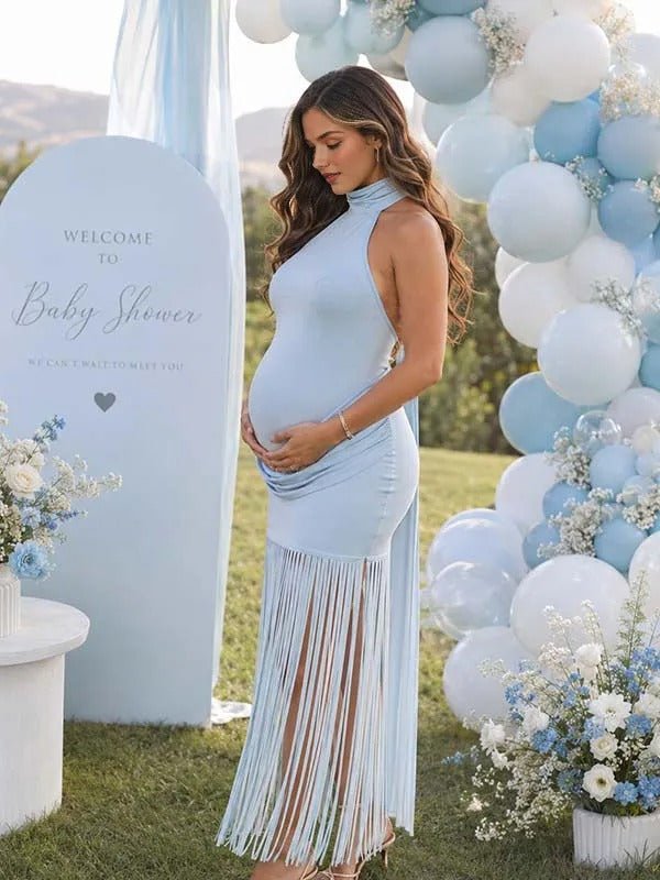 Momyknows Sky Blue Ruffle Tassel Halter Neck Lace-up Backless Maternity Baby Shower Maxi Dress - Sky Blue - 2