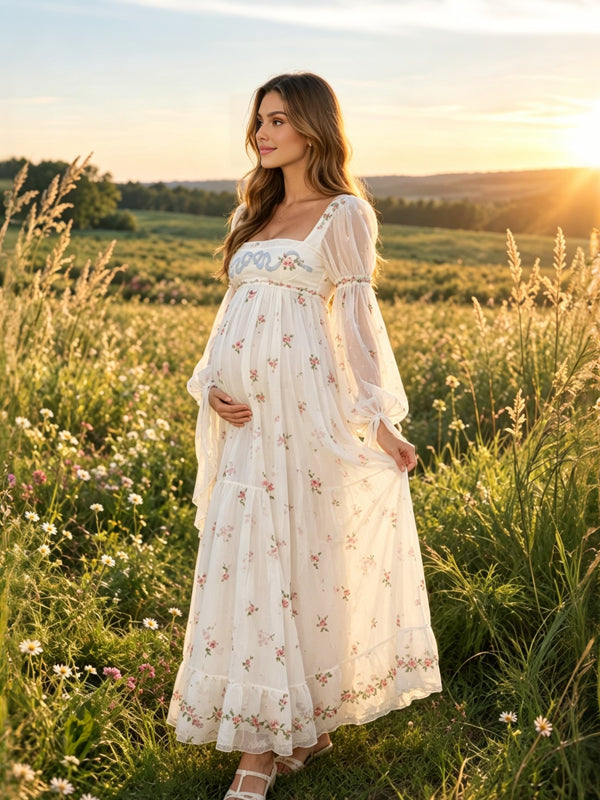 White Maternity Maxi Dress with Floral Tulle Details and Backless Design