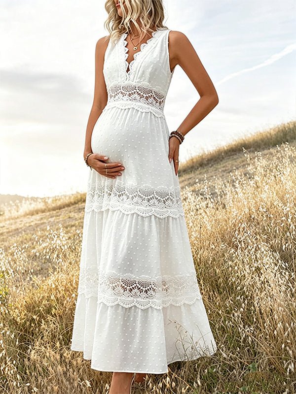 Momyknows Lace Splicing Deep V V-Back Sleeveless Photoshoot Maternity Maxi Dress, White / S