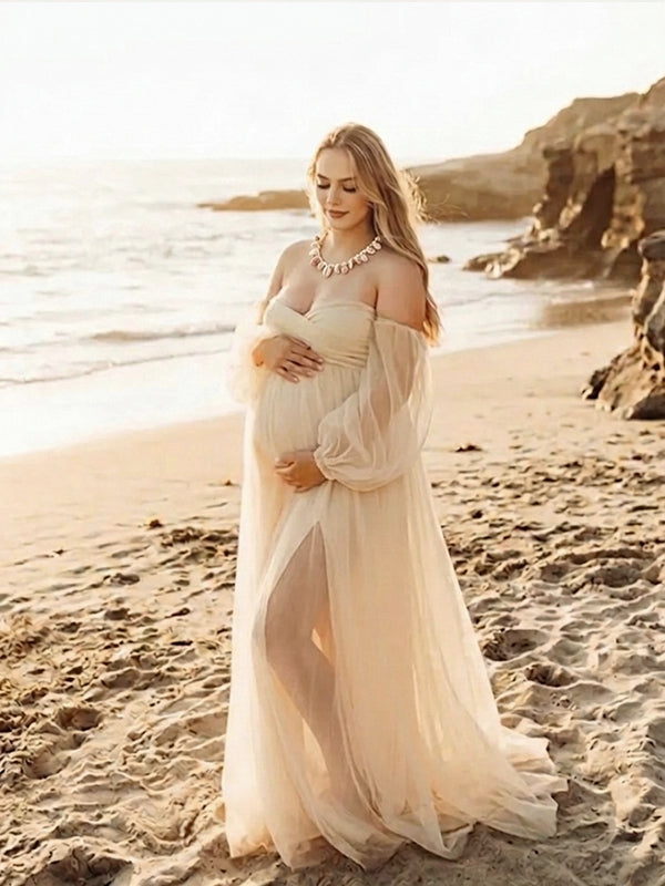Momyknows Grenadine Elegant Vacation Bohemian Off Shoulder Photoshoot Maternity Maxi Dress