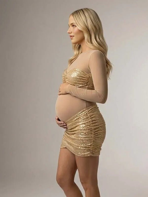 Momyknows Black Sheer Grenadine Hotfix Rhinestones Midriff Maternity Photoshoot Mini Dress - Apricot - 4