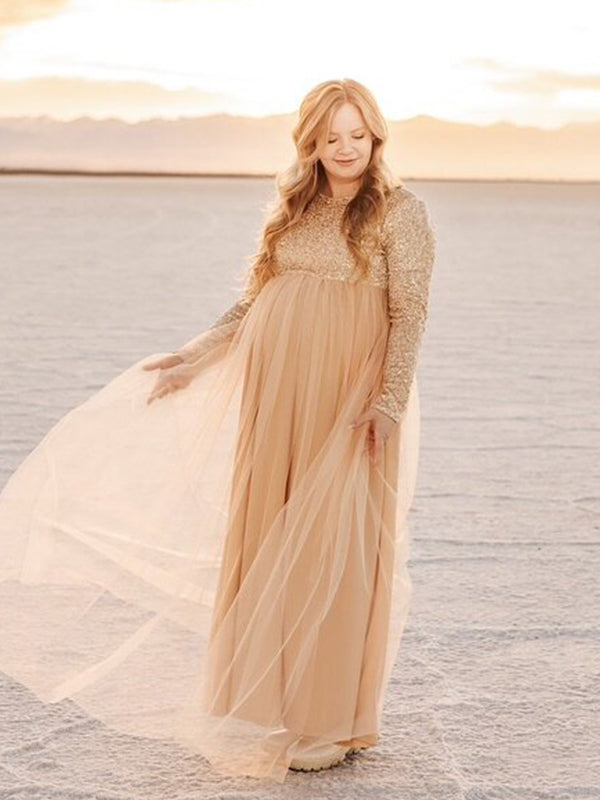Momyknows Sequin Tulle Splicing Long Sleeve Party Gown Photoshoot Maternity Baby Shower Maxi Dress