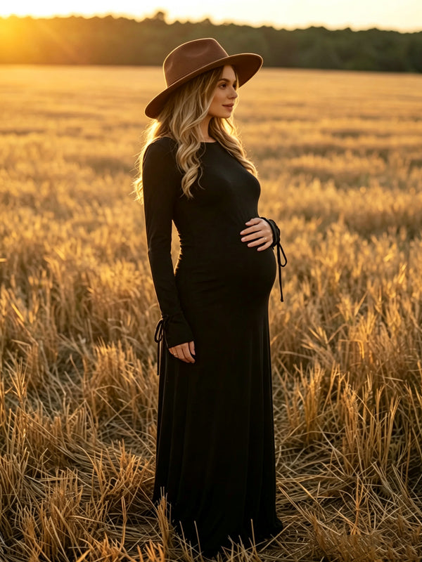 Black Backless Maternity Dress with Open-Back Design and Adjustable Tie Detail