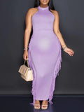 Momyknows Tassel Two Piece Halter Neck Belly Friendly Bodycon Sleeveless Babyshower Maternity Maxi Dress