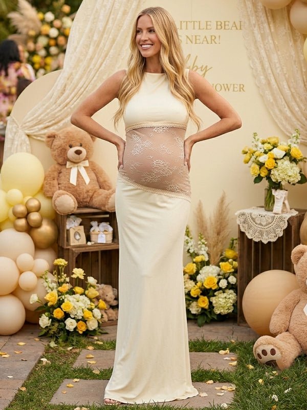 cream baby shower dress Momyknows Cream Lace Waist Backless Bodycon Baby Shower Maternity Maxi Dress, Pink / L