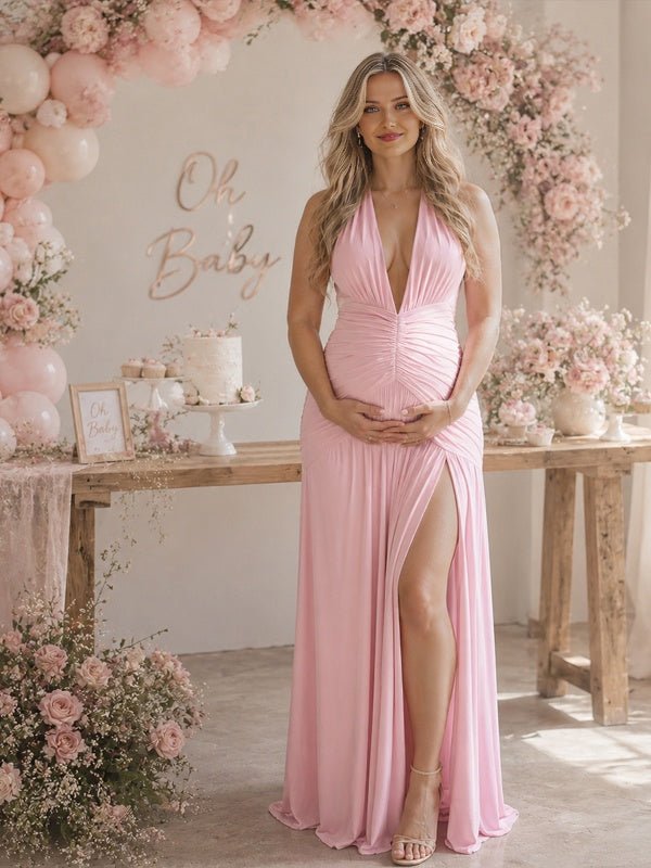 Momyknows Halter Neck Draped Hem Ruched Side Slit Backless Maternity Baby Shower Maxi Dress - Pink - 1