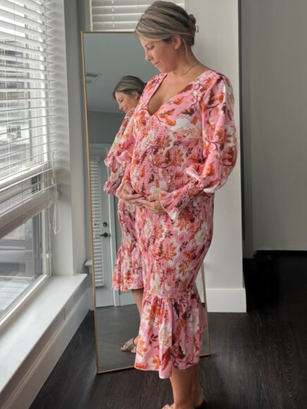 Momyknows Pink Floral Smocked Mermaid Deep V-neck Lantern Sleeve Elegant Cocktail Party Maternity Photoshoot Baby Shower Maxi Dress