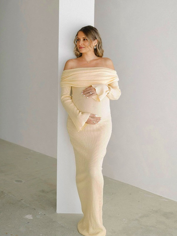 Momyknows Yellow Knit Off Shoulder Flare Sleeve Mermaid Bodycon Elegant Vacation Photoshoot Baby Shower Maternity Maxi Dress