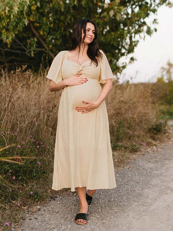 Momyknows Bow Flutter Sleeve Solid V-neck Flowy Vacation Beach Cute Baby Shower Photoshoot Maternity Maxi Dress - Apricot - 10