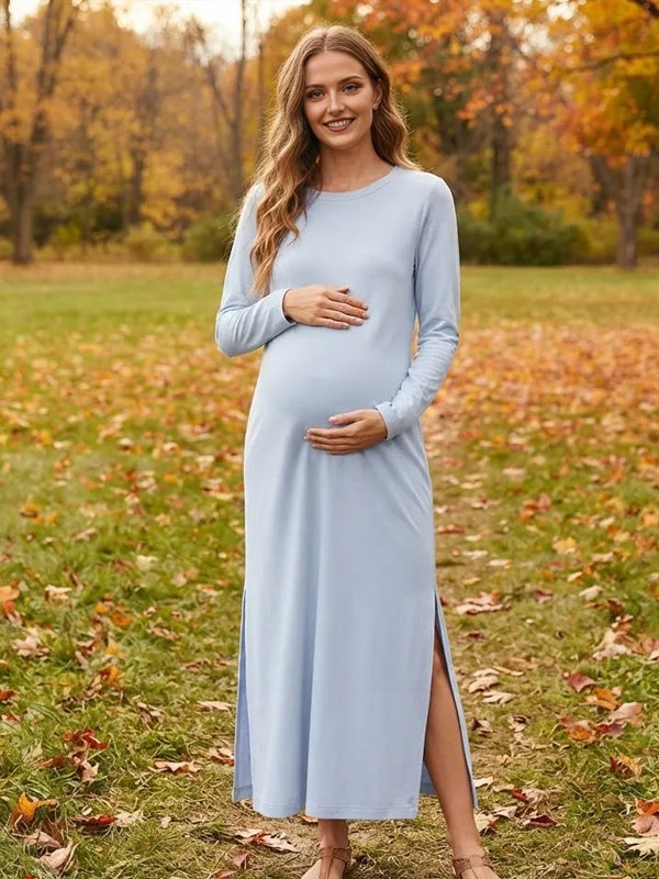 Blue Daily Maternity Maxi Dress with Double Side Slits and Pockets and Relaxed Fit, Photoshoot Occasion