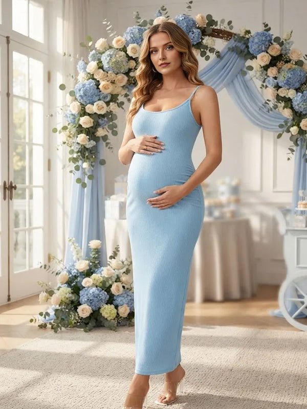 Momyknows Blue Spaghetti Strap Ribbon Bodycon Scarf Maternity Baby Shower Maxi Dress - Blue - 3