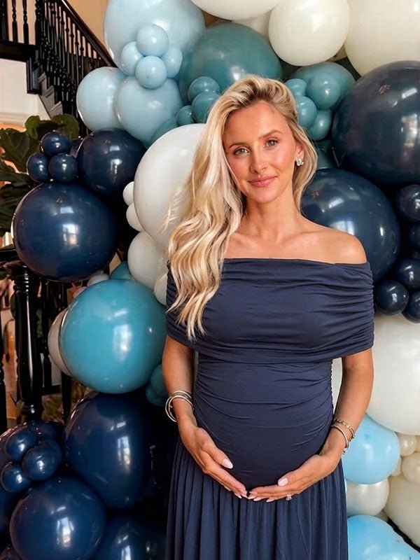 Momyknows Elegant Dark Blue Off Shoulder Ruched Bodycon Baby Shower Maternity Maxi Dress - Dark Blue - 3