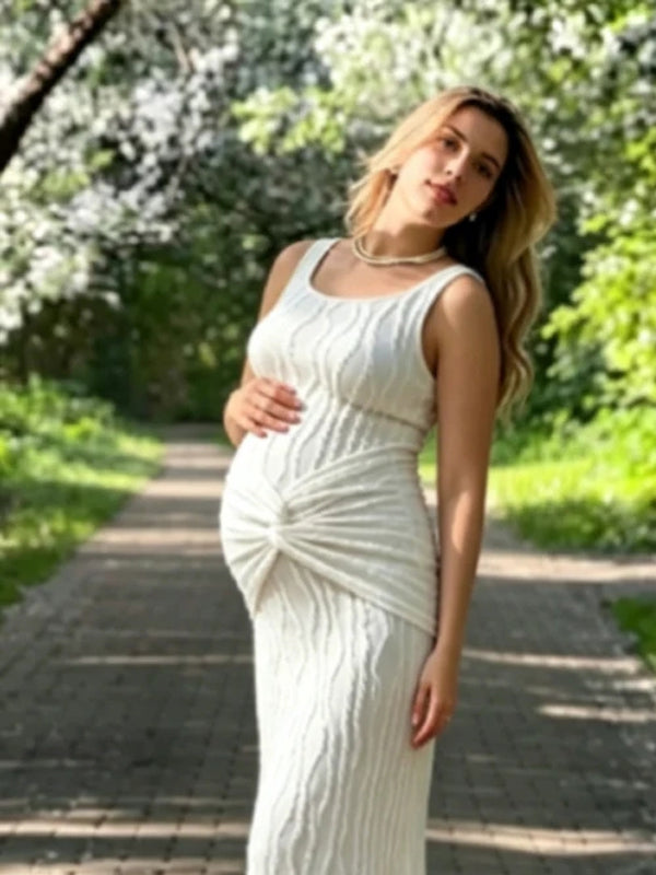 Momyknows Elegant White Knot Ruffle Bodycon Maternity Maxi Dress