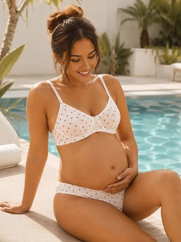 Momyknows White Heart Print Underwire Two-Piece Bikini Knit Maternity Swimsuit - White - 1
