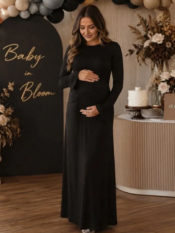 Black Elegantd Ruched Round Neck Maternity Maxi Dress with Graceful Silhouette and Baby Shower Style