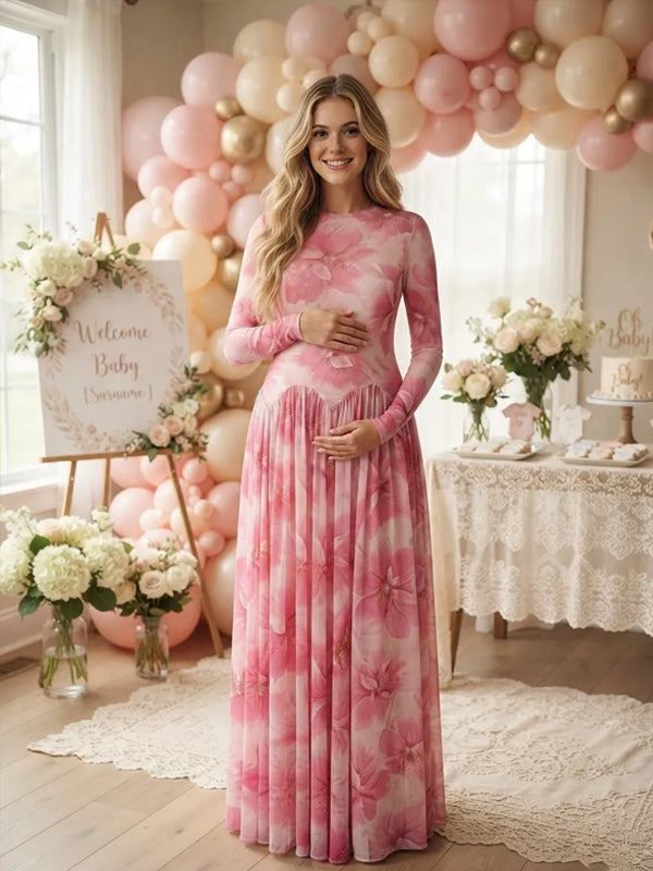 Pink Floral Maternity Maxi Dress with Pleated Details and Color-Block Design and Elegant Fit, Baby Shower