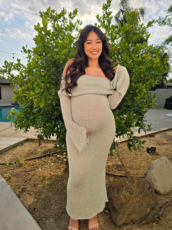 Momyknows Green Knit Off Shoulder Flare Sleeve Bodycon Elegant Going Out Maternity Photoshoot Maxi Sweater Dress