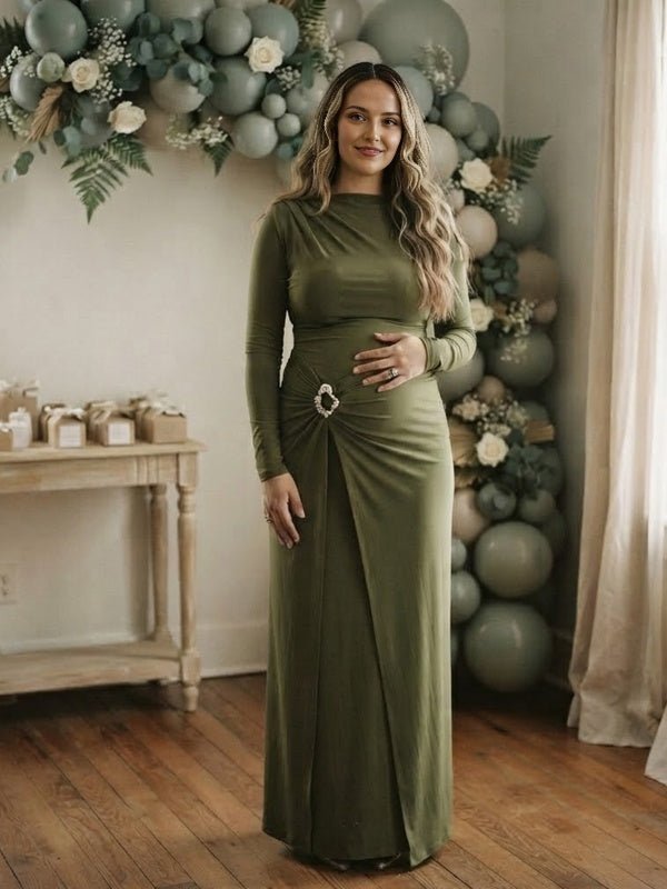 Momyknows Green Ruched Bodycon Split Design Maternity Baby Shower Maxi Dress - Green - 2